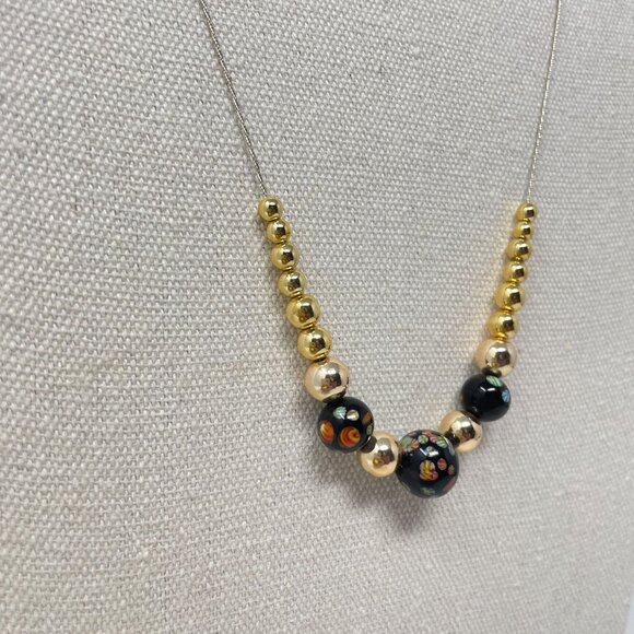 Murano Glass Millefiori Bead Necklace Long Black Gold-Tone Dainty Simple Minimal - Picture 3 of 9